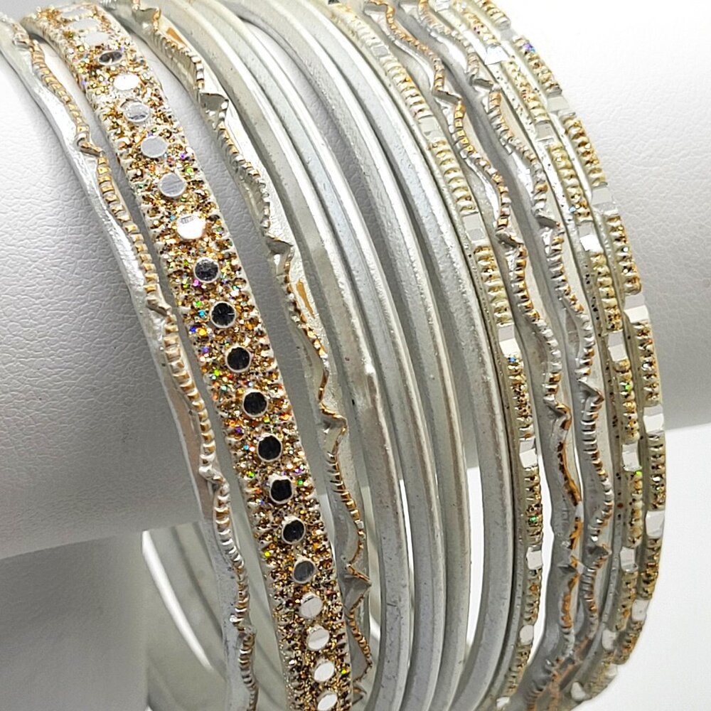 12 Silver Tone Matte Enamel Bangle Bracelets Gold tone Accents